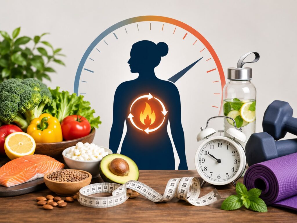 Healthy lifestyle concept showing nutritious foods, hydration, exercise equipment, measuring tape, and a metabolism symbol representing weight management, slow metabolism awareness, and healthy weight loss strategies.