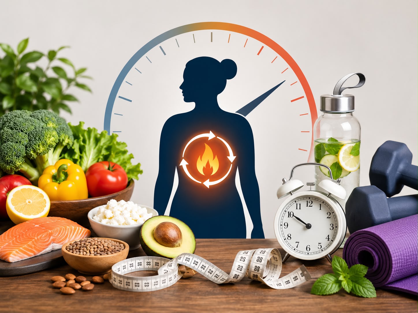 Healthy lifestyle concept showing nutritious foods, hydration, exercise equipment, measuring tape, and a metabolism symbol representing weight management, slow metabolism awareness, and healthy weight loss strategies.