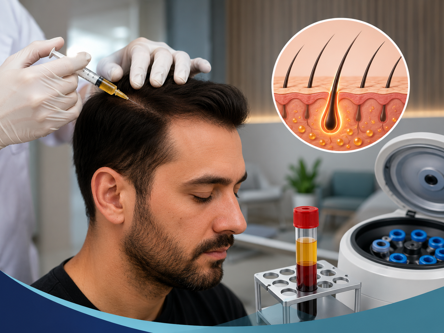 PRP therapy for hair regrowth showing Platelet-Rich Plasma injections into the scalp to stimulate hair follicles and promote natural hair growth.
