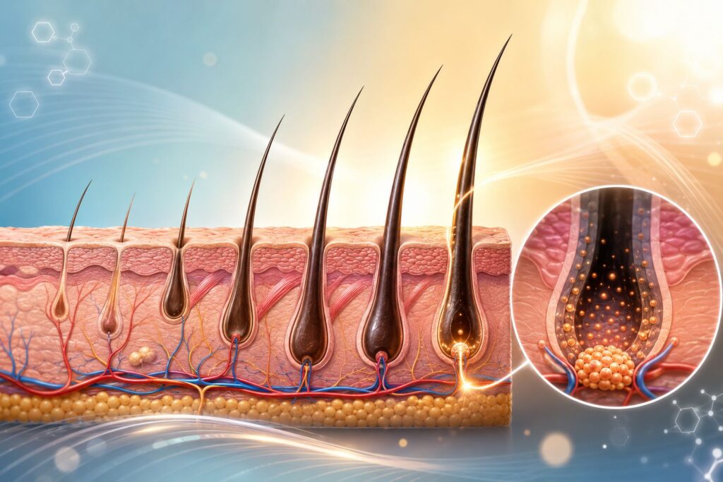 Infographic explaining the science of hair regrowth, the hair growth cycle, and evidence-based treatments including PRP, GFC, Minoxidil, Finasteride, low-level laser therapy, mesotherapy, microneedling, and hair transplantation.