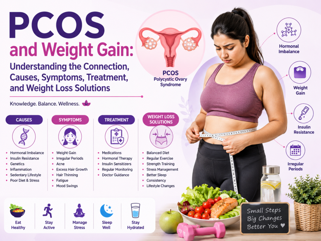 PCOS and weight gain infographic explaining causes, symptoms, treatments, and effective weight loss strategies for women with polycystic ovary syndrome