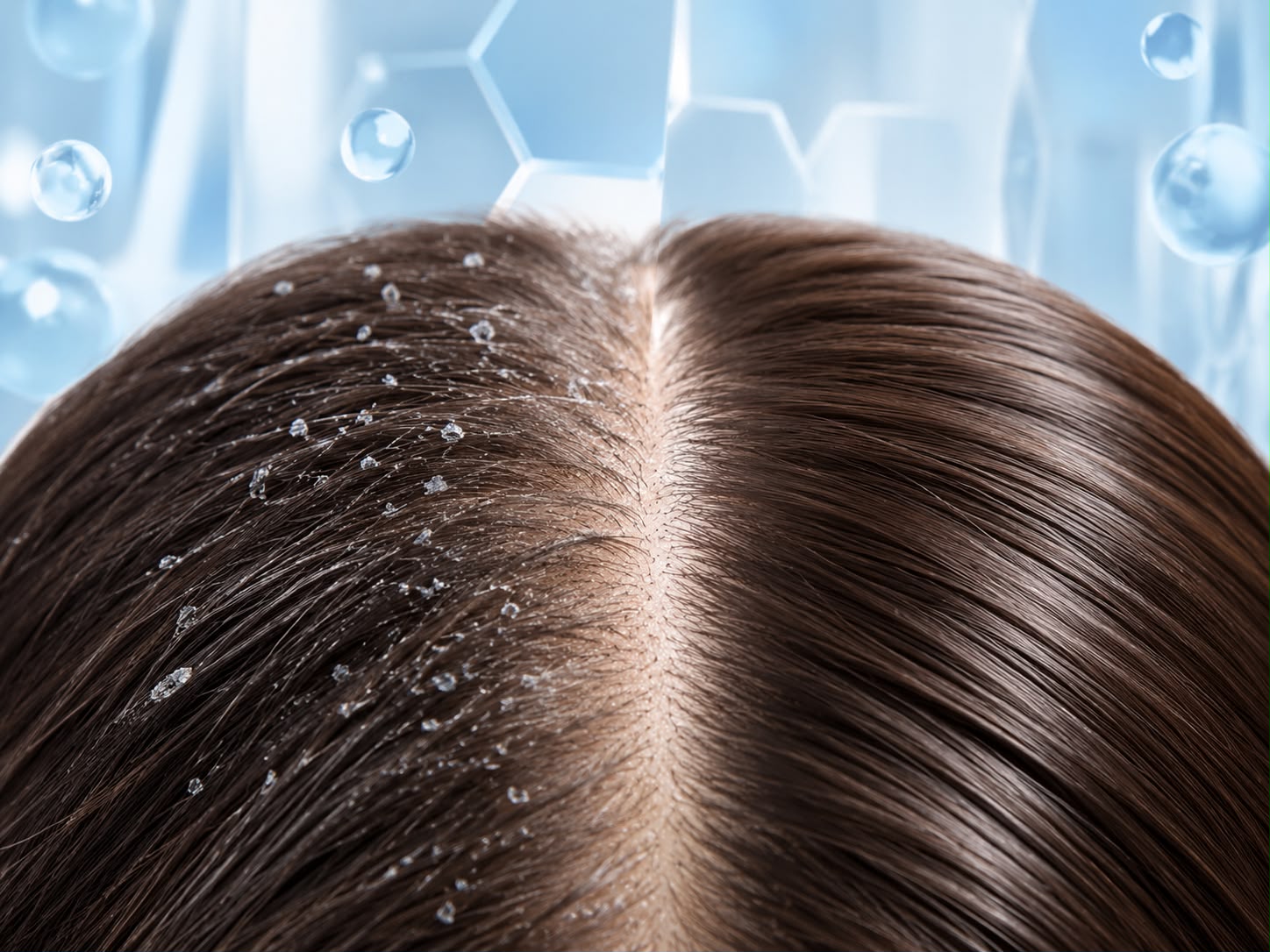 Close-up of brown hair parted to reveal a scalp transitioning from visible dandruff flakes and mild dryness to a healthy, clean, flake-free scalp, representing dandruff treatment and scalp health in Borivali, Mumbai