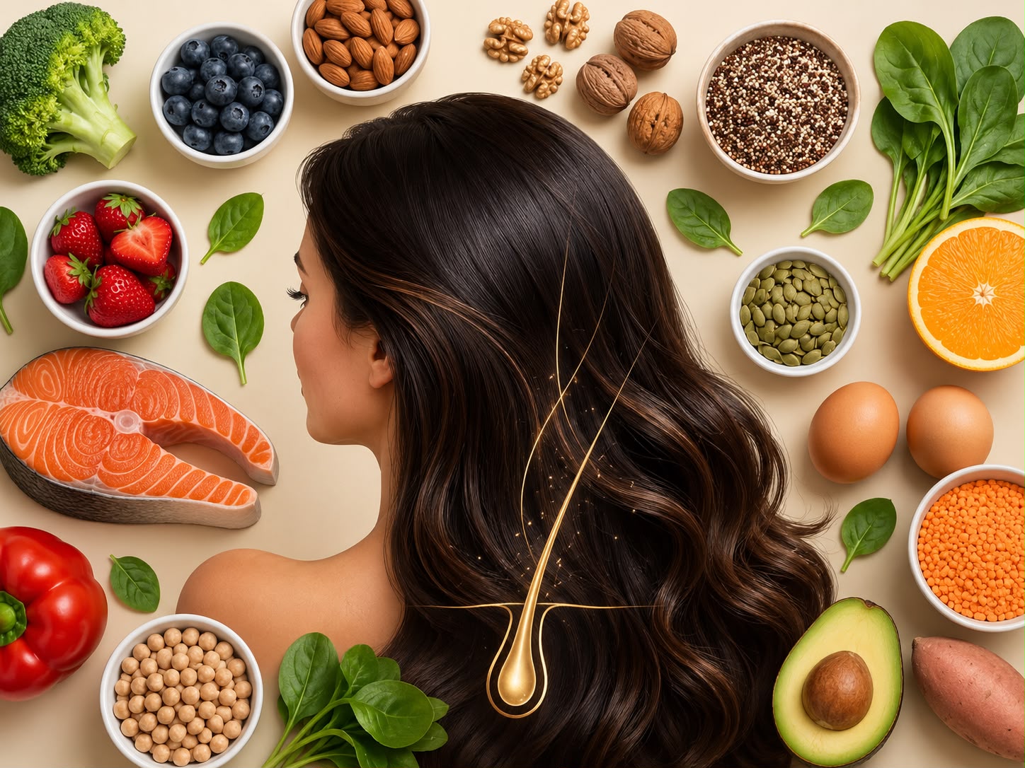 Healthy foods rich in vitamins and nutrients that support hair growth and reduce hair fall, with expert hair care at Dr. Pankti's REVIVE Clinic, Borivali, Mumbai.