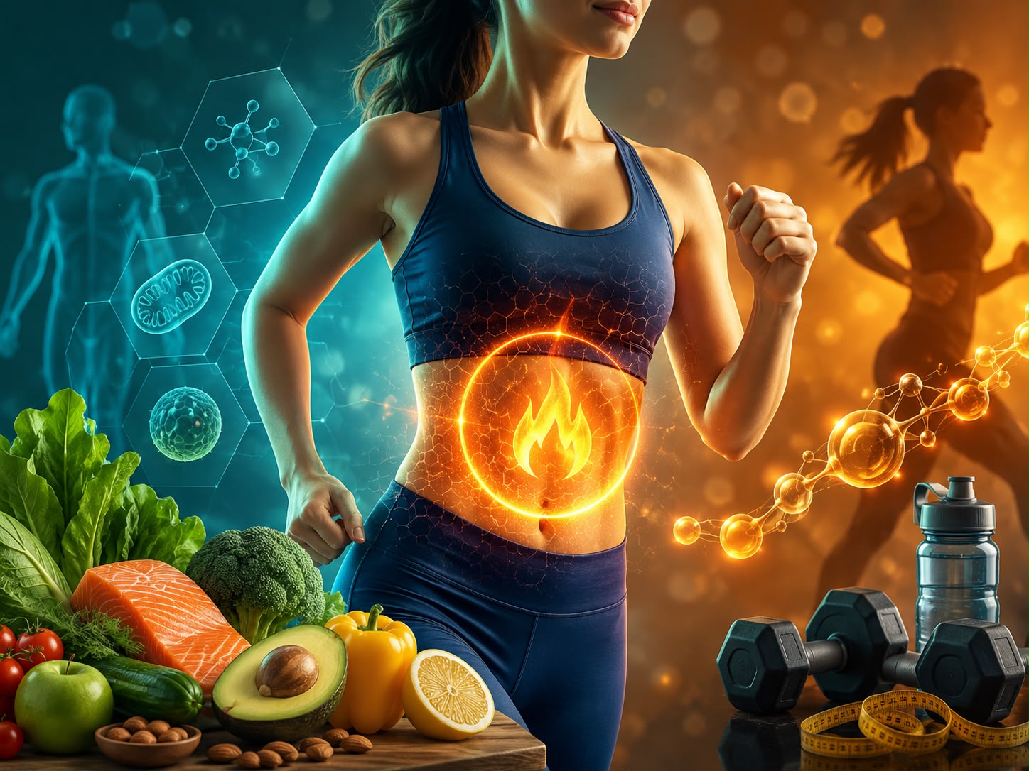 Healthy woman jogging with a glowing abdomen representing metabolism and fat burning, surrounded by nutritious foods, fitness equipment, and scientific health graphics for healthy weight loss at Dr. Pankti’s REVIVE Clinic, Borivali, Mumbai.
