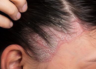 Sebopsoriasis or scalp psoriasis with red, inflamed plaques and thick white-yellow scaling along the scalp and hairline.