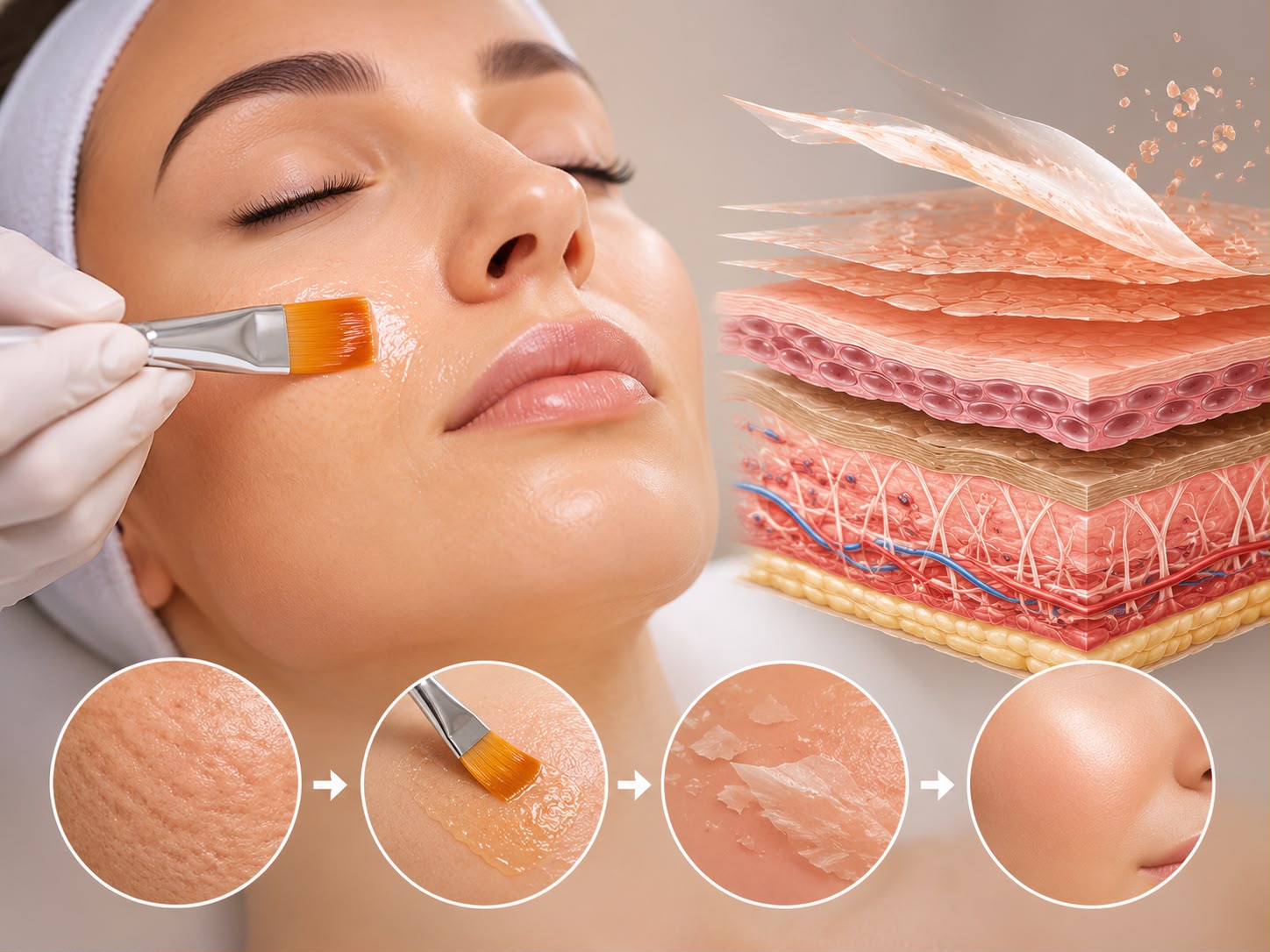 Chemical peel treatment showing facial peel application, skin exfoliation, cellular renewal, and smoother radiant skin.