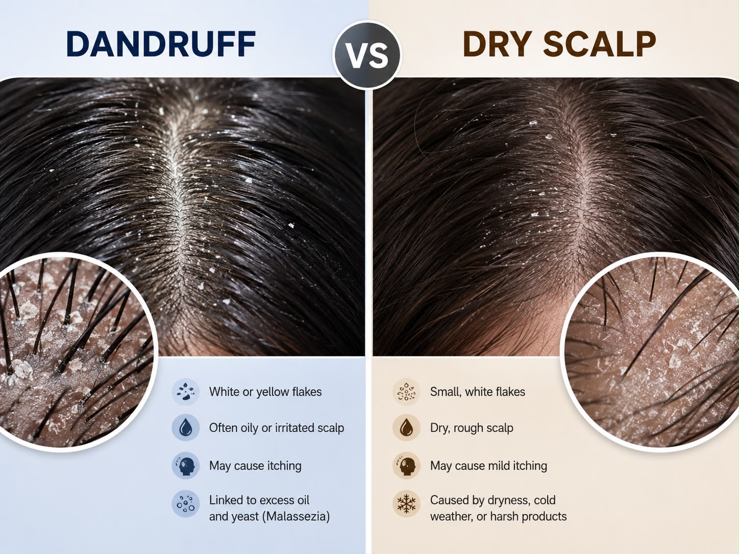 Dandruff vs dry scalp comparison showing scalp flakes and differences in scalp condition