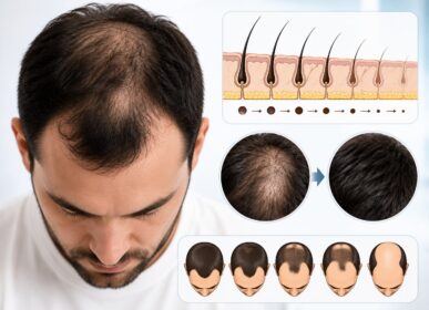 Male pattern hair loss showing progressive hair follicle miniaturization and baldness