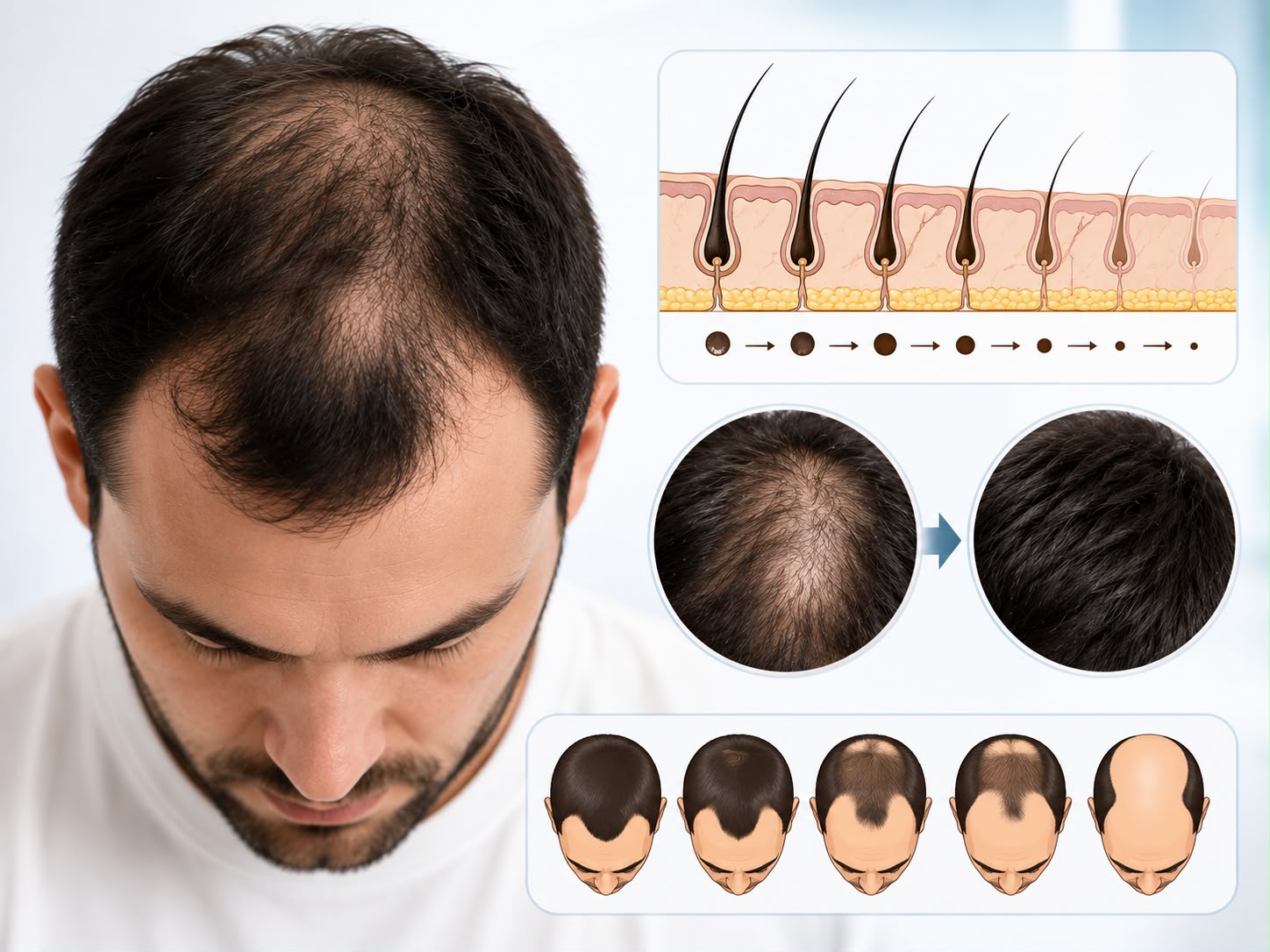 Male pattern hair loss showing progressive hair follicle miniaturization and baldness