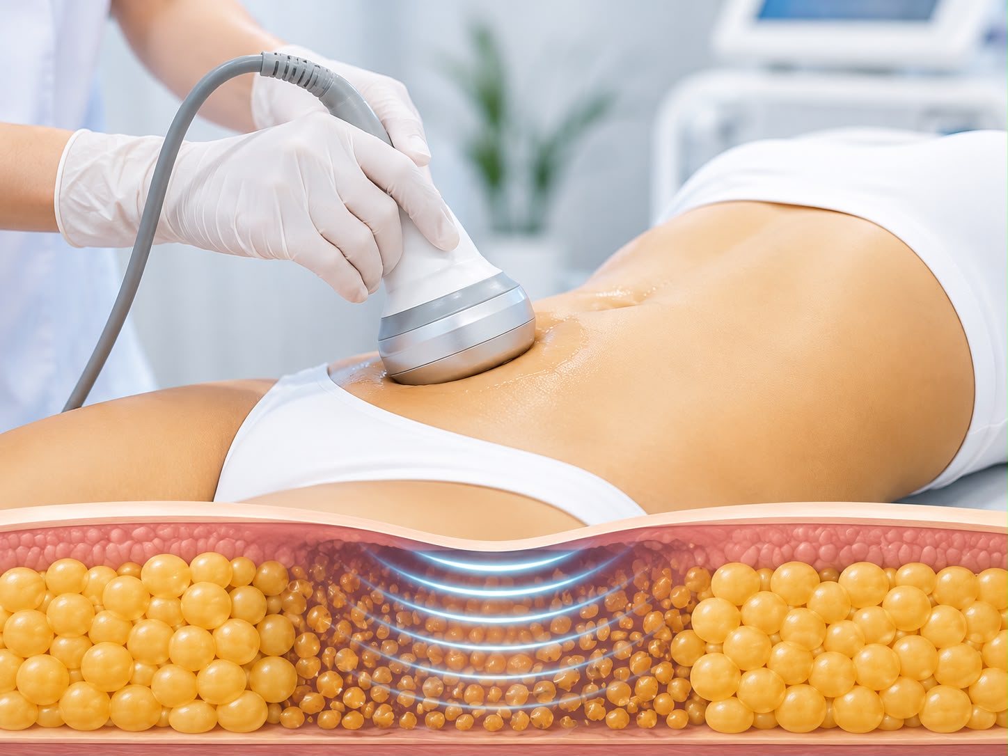 Ulipolysis weight loss treatment at Dr. Pankti's REVIVE Clinic in Borivali, Mumbai showing non-surgical ultrasonic fat reduction on the abdomen with illustration of fat cell breakdown.