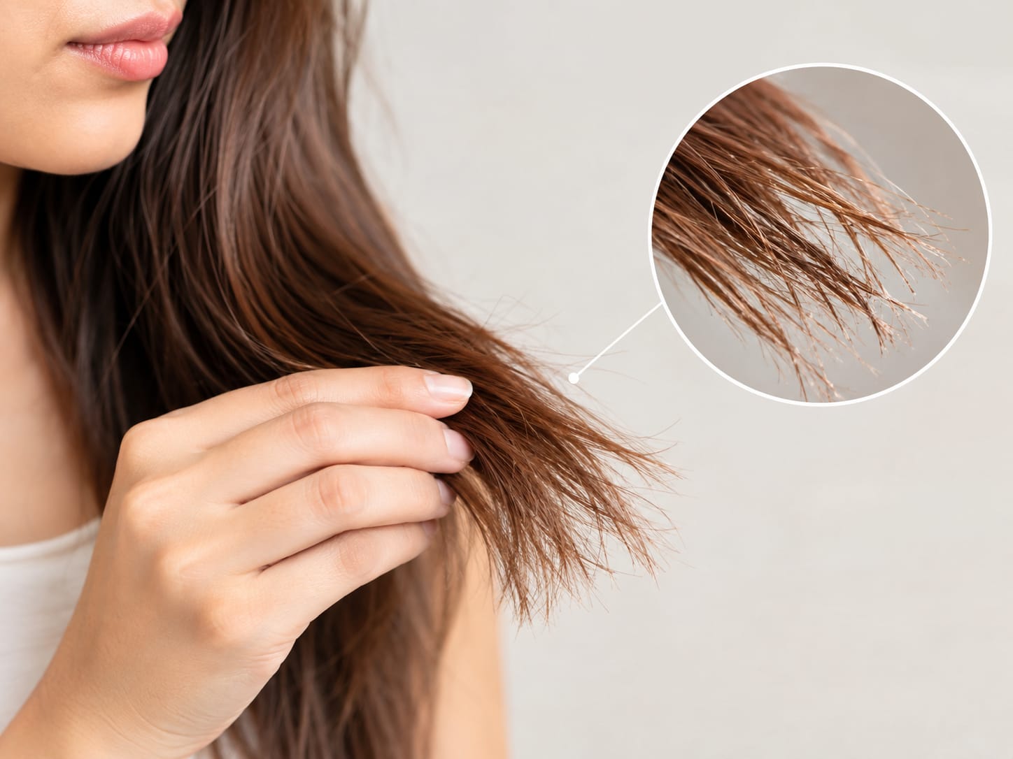 Close-up of hair with dry and split ends showing damaged hair tips