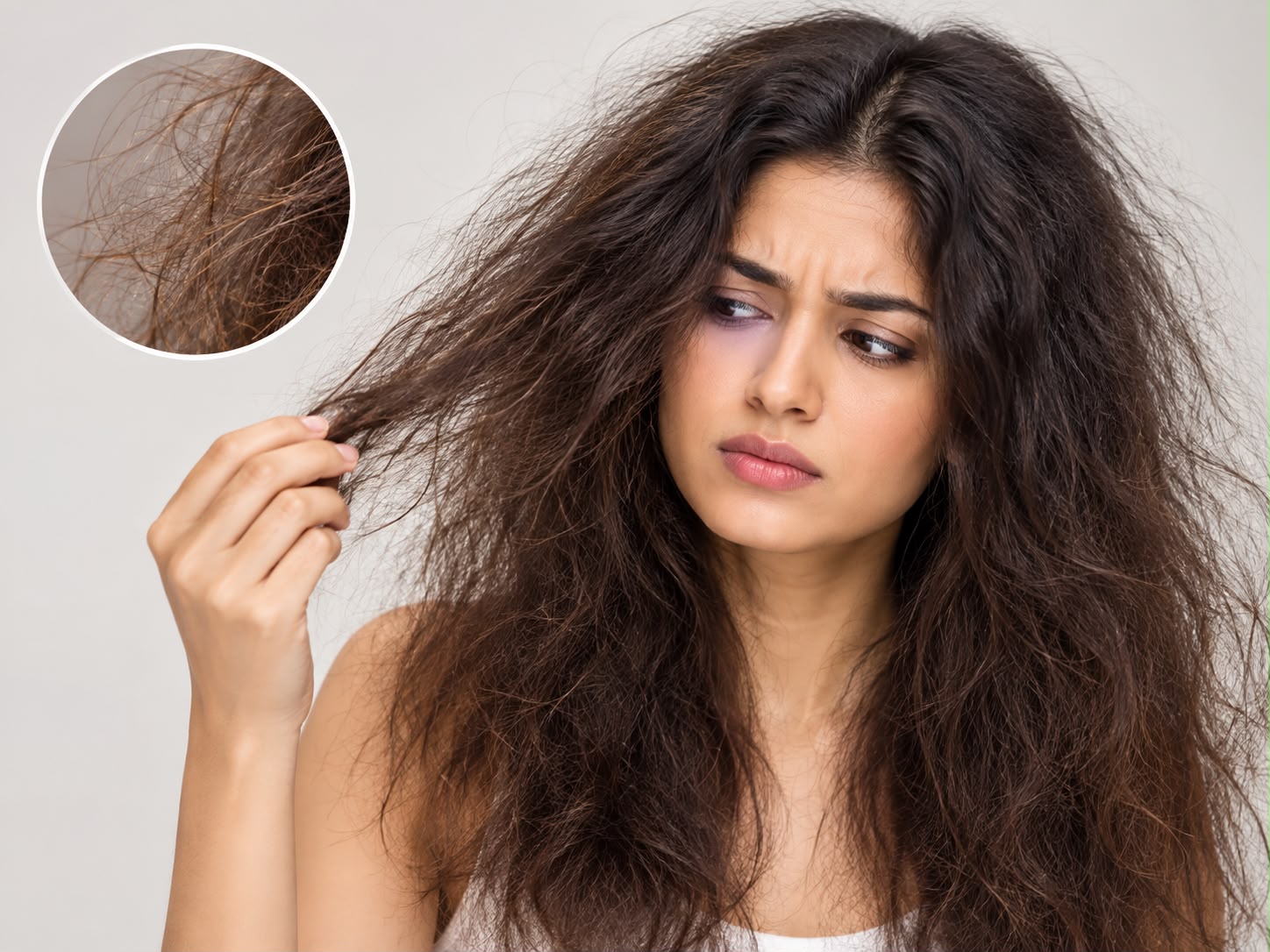 Woman with dry, frizzy hair and flyaways, illustrating frizzy hair concerns and hair care at a hair clinic in Borivali, Mumbai.