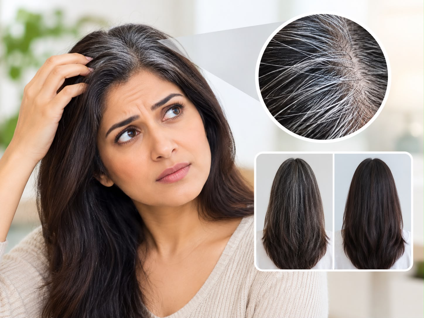 Premature hair graying in a young woman showing gray strands among dark hair, illustrating early gray hair concerns and hair care consultation at a hair and skin clinic in Borivali, Mumbai.